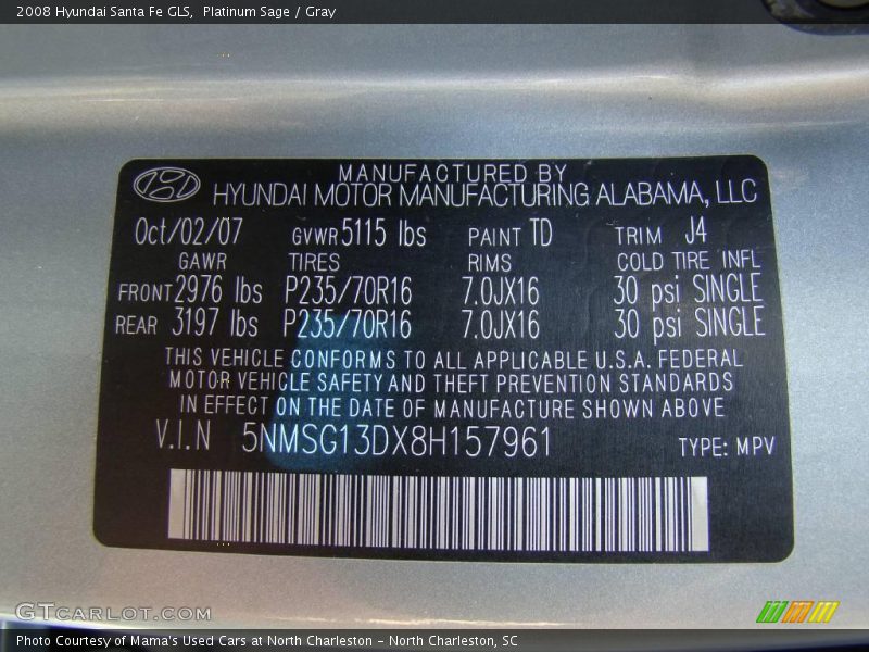 Platinum Sage / Gray 2008 Hyundai Santa Fe GLS