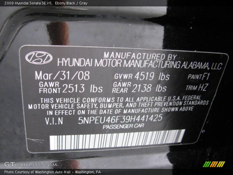 Ebony Black / Gray 2009 Hyundai Sonata SE V6