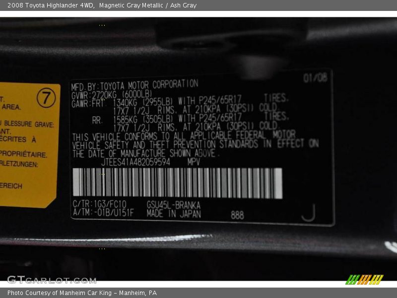 Magnetic Gray Metallic / Ash Gray 2008 Toyota Highlander 4WD
