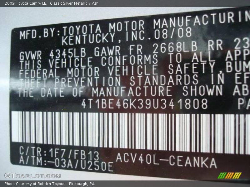 Classic Silver Metallic / Ash 2009 Toyota Camry LE