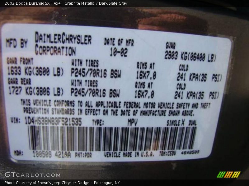 Graphite Metallic / Dark Slate Gray 2003 Dodge Durango SXT 4x4