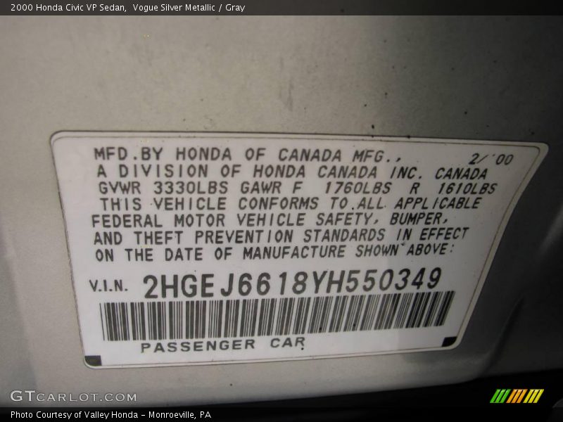 Vogue Silver Metallic / Gray 2000 Honda Civic VP Sedan