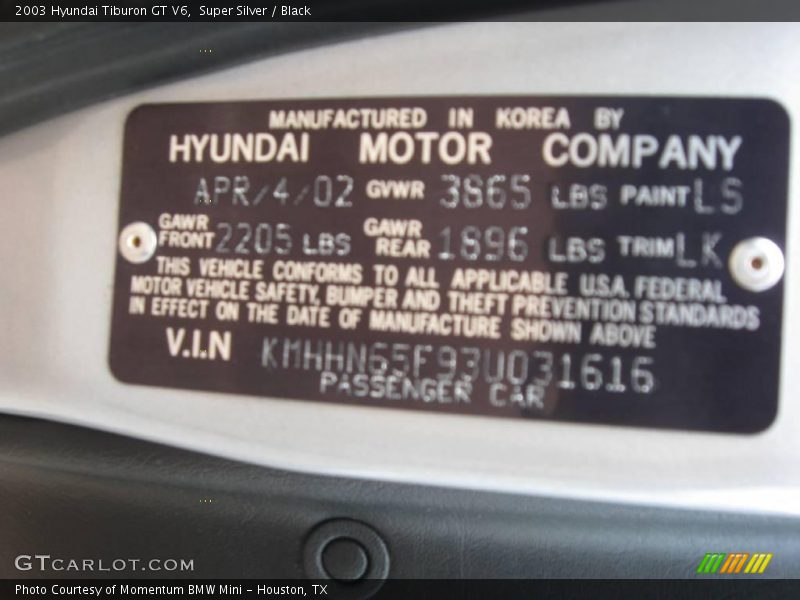 Super Silver / Black 2003 Hyundai Tiburon GT V6