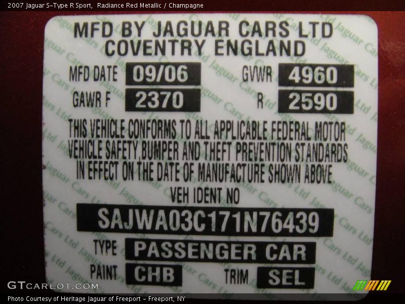 2007 S-Type R Sport Radiance Red Metallic Color Code CHB