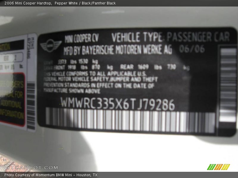 Pepper White / Black/Panther Black 2006 Mini Cooper Hardtop