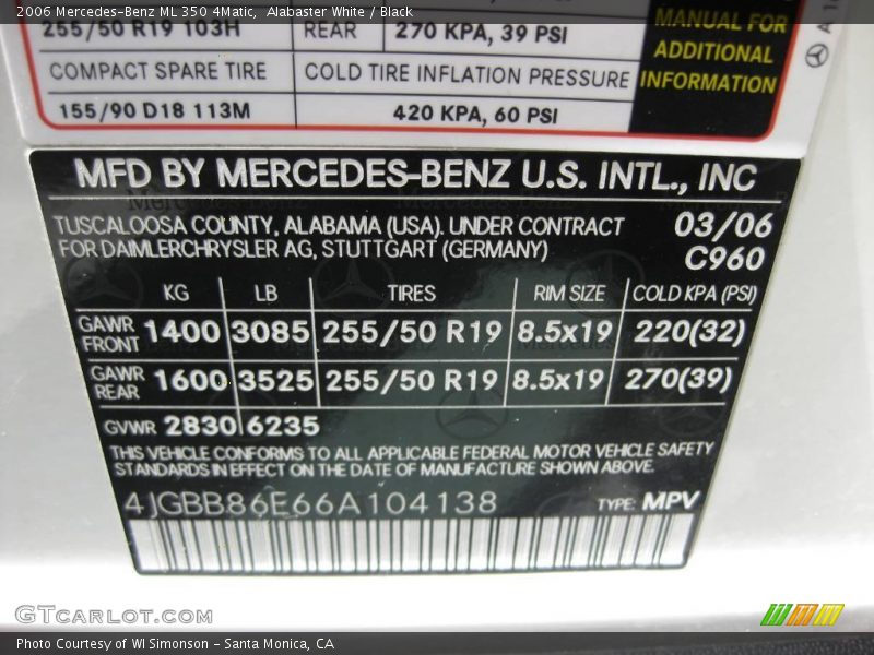 Alabaster White / Black 2006 Mercedes-Benz ML 350 4Matic