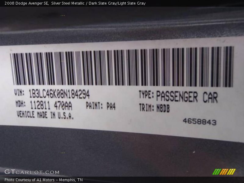Silver Steel Metallic / Dark Slate Gray/Light Slate Gray 2008 Dodge Avenger SE