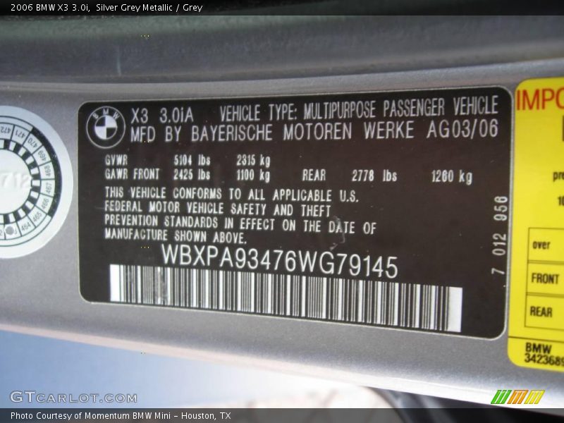 Silver Grey Metallic / Grey 2006 BMW X3 3.0i