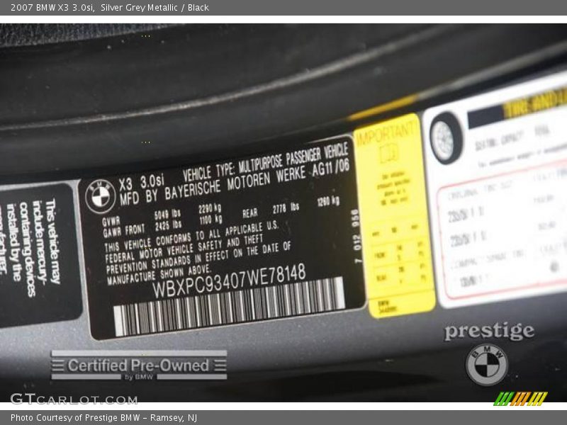 Silver Grey Metallic / Black 2007 BMW X3 3.0si