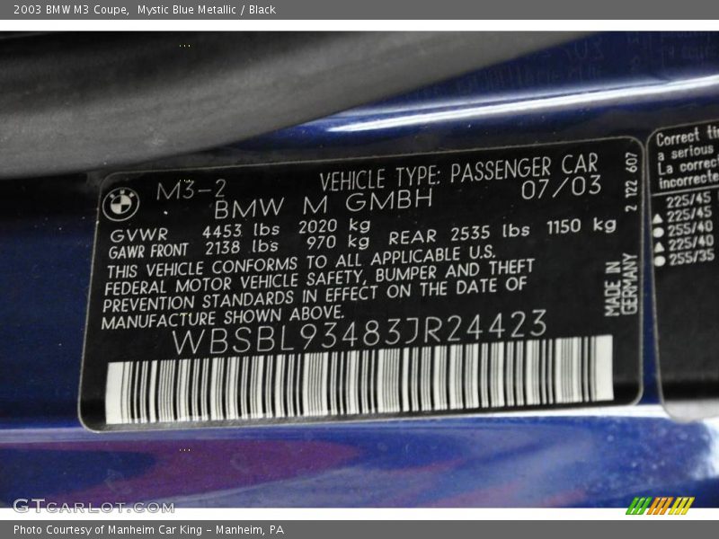 Mystic Blue Metallic / Black 2003 BMW M3 Coupe