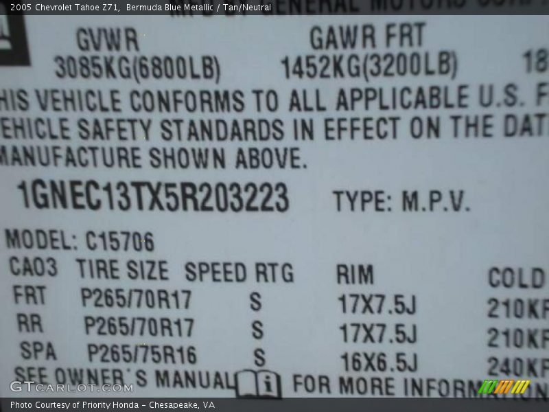 Bermuda Blue Metallic / Tan/Neutral 2005 Chevrolet Tahoe Z71
