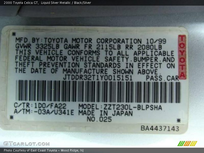 Liquid Silver Metallic / Black/Silver 2000 Toyota Celica GT