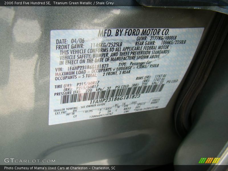 Titanium Green Metallic / Shale Grey 2006 Ford Five Hundred SE