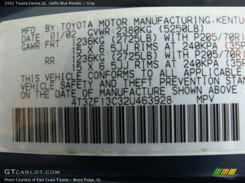 Sailfin Blue Metallic / Gray 2002 Toyota Sienna LE