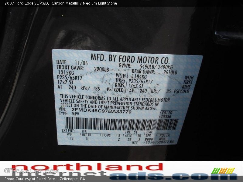 Carbon Metallic / Medium Light Stone 2007 Ford Edge SE AWD