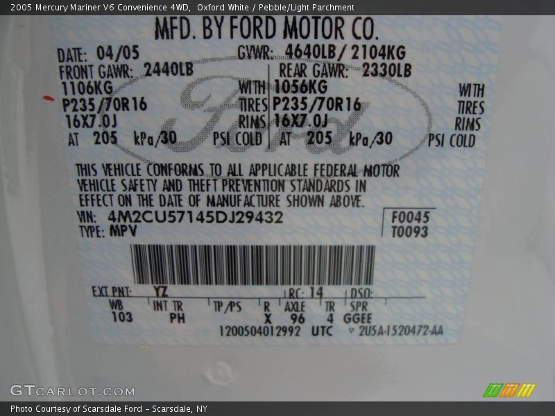 Oxford White / Pebble/Light Parchment 2005 Mercury Mariner V6 Convenience 4WD
