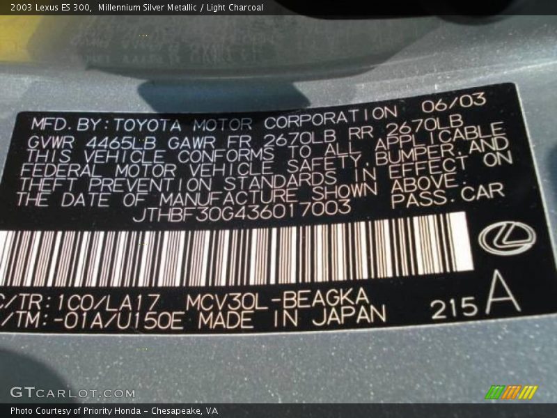 Millennium Silver Metallic / Light Charcoal 2003 Lexus ES 300