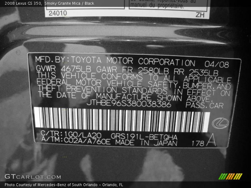 Smoky Granite Mica / Black 2008 Lexus GS 350