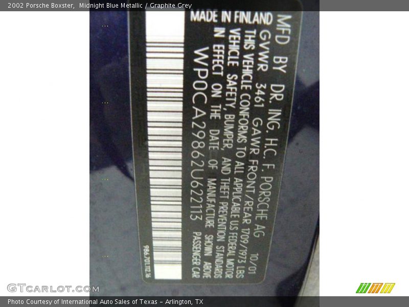 Midnight Blue Metallic / Graphite Grey 2002 Porsche Boxster