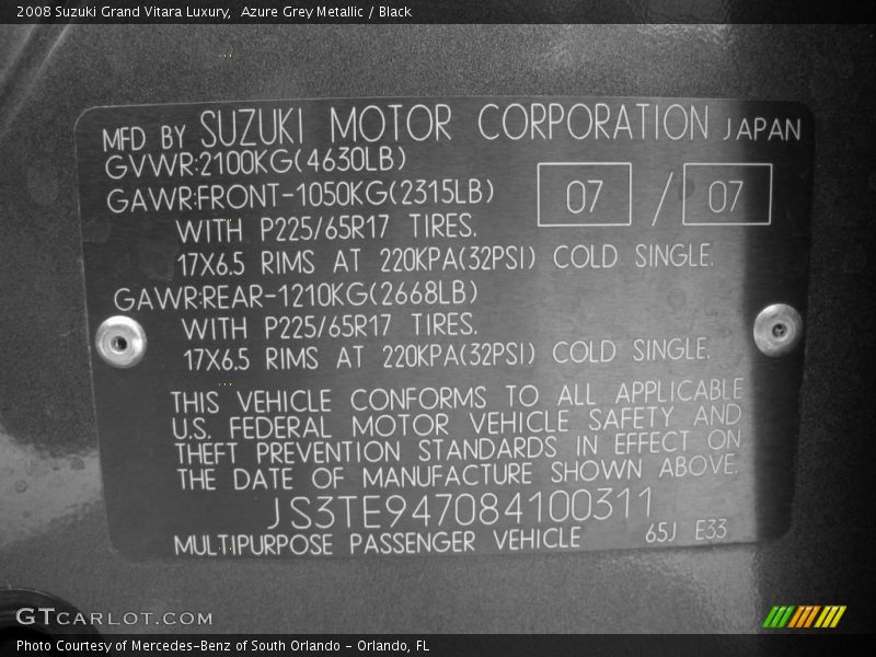 Azure Grey Metallic / Black 2008 Suzuki Grand Vitara Luxury