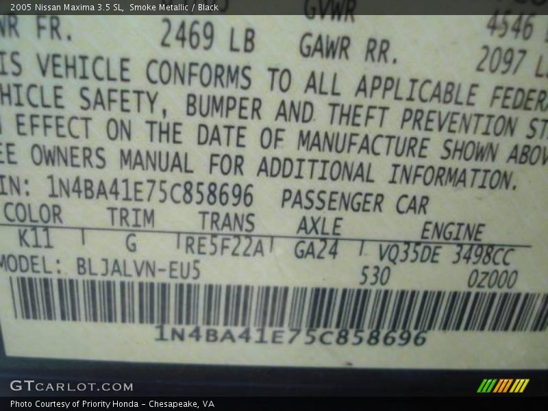 Smoke Metallic / Black 2005 Nissan Maxima 3.5 SL