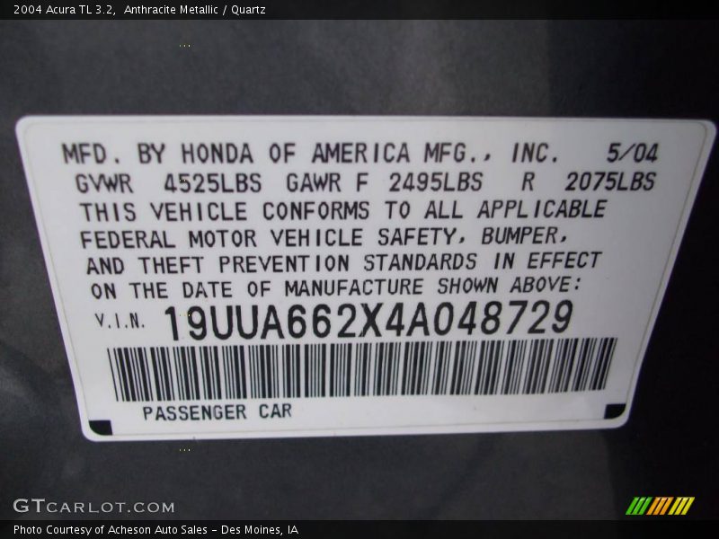 Anthracite Metallic / Quartz 2004 Acura TL 3.2