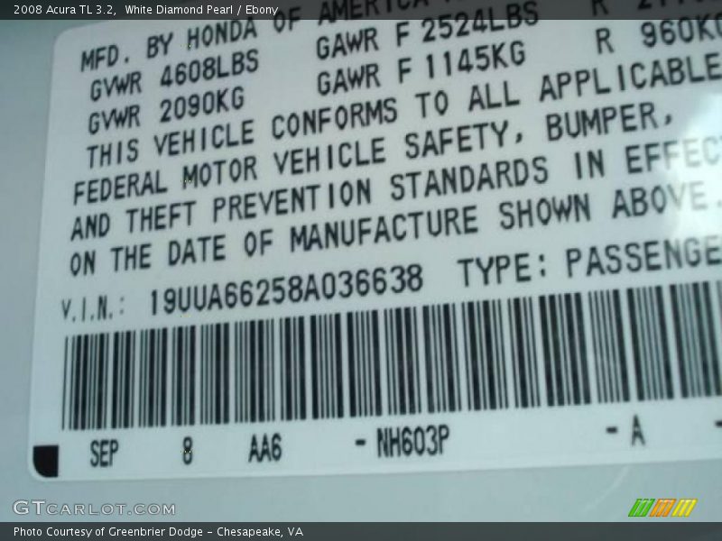 White Diamond Pearl / Ebony 2008 Acura TL 3.2
