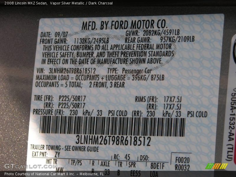 Vapor Silver Metallic / Dark Charcoal 2008 Lincoln MKZ Sedan