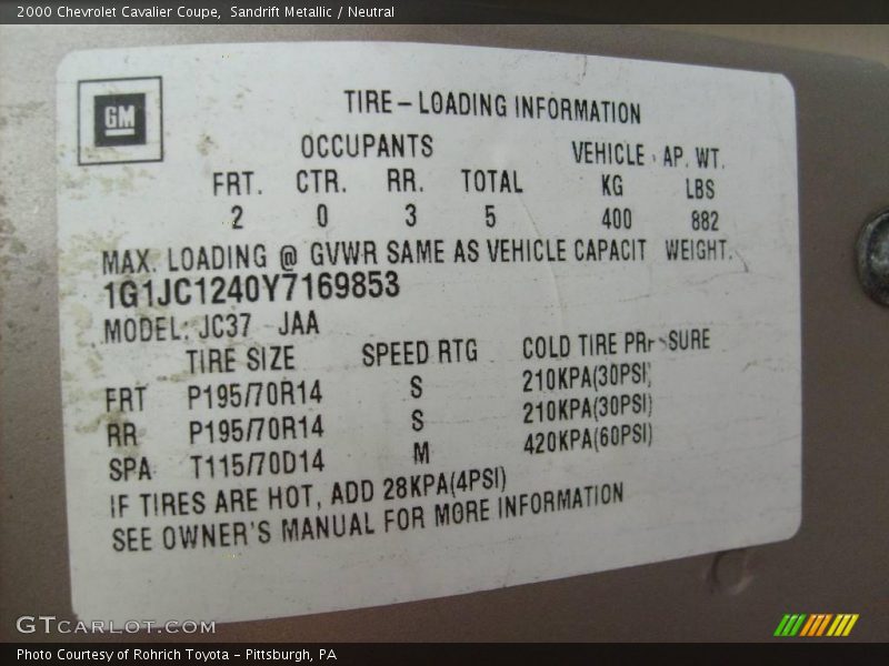Sandrift Metallic / Neutral 2000 Chevrolet Cavalier Coupe