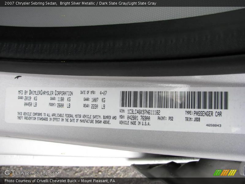 Bright Silver Metallic / Dark Slate Gray/Light Slate Gray 2007 Chrysler Sebring Sedan