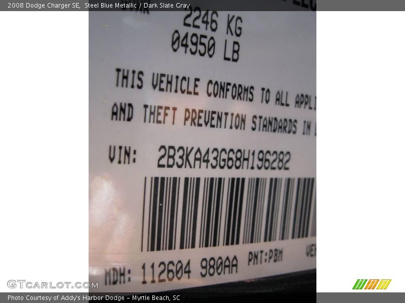 2008 Charger SE Steel Blue Metallic Color Code PBM