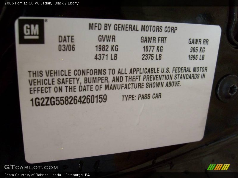 Black / Ebony 2006 Pontiac G6 V6 Sedan