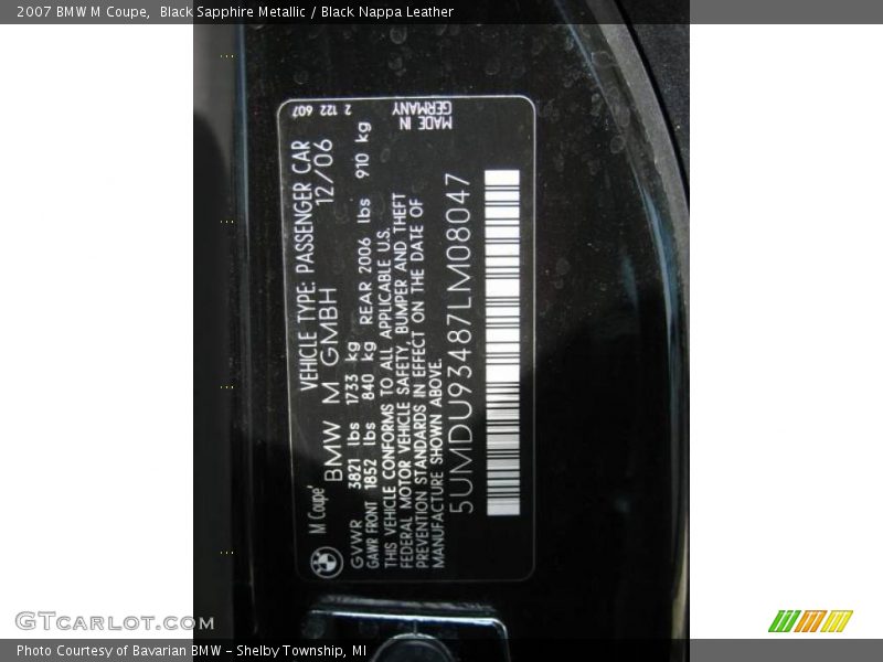Black Sapphire Metallic / Black Nappa Leather 2007 BMW M Coupe