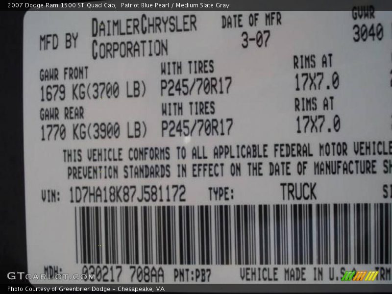 Patriot Blue Pearl / Medium Slate Gray 2007 Dodge Ram 1500 ST Quad Cab
