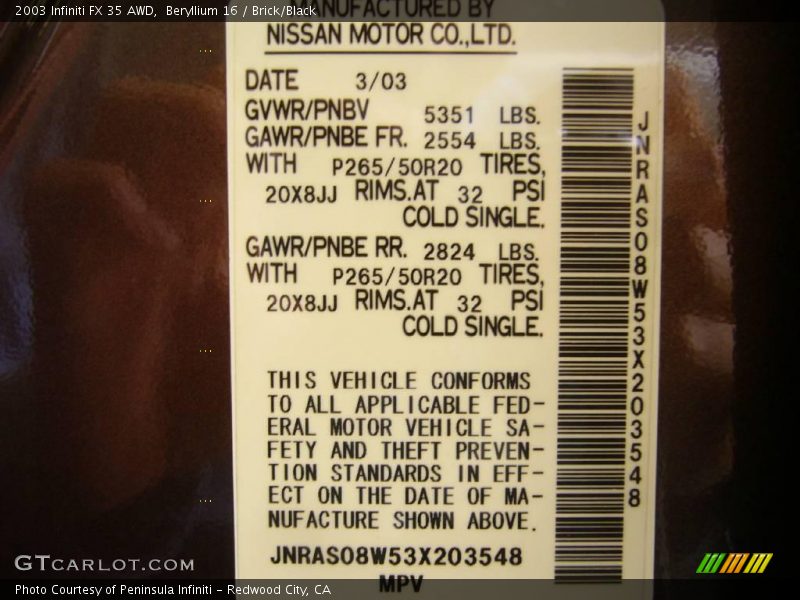 Beryllium 16 / Brick/Black 2003 Infiniti FX 35 AWD