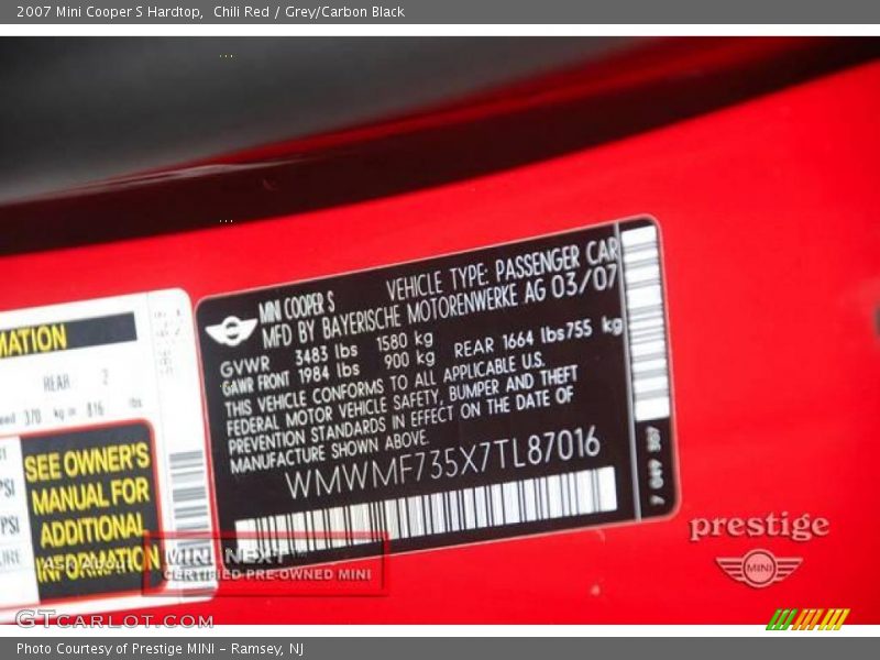 Chili Red / Grey/Carbon Black 2007 Mini Cooper S Hardtop