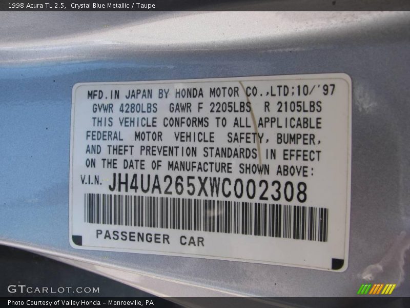 Crystal Blue Metallic / Taupe 1998 Acura TL 2.5