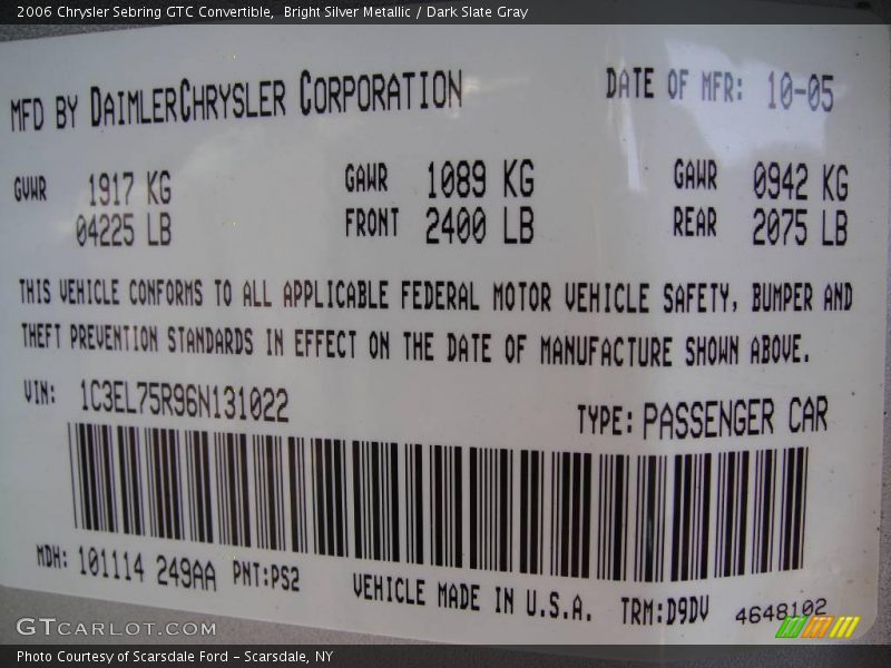 Bright Silver Metallic / Dark Slate Gray 2006 Chrysler Sebring GTC Convertible