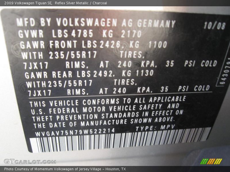 Reflex Silver Metallic / Charcoal 2009 Volkswagen Tiguan SE