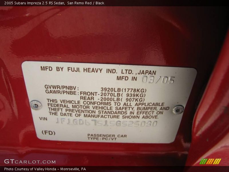 San Remo Red / Black 2005 Subaru Impreza 2.5 RS Sedan