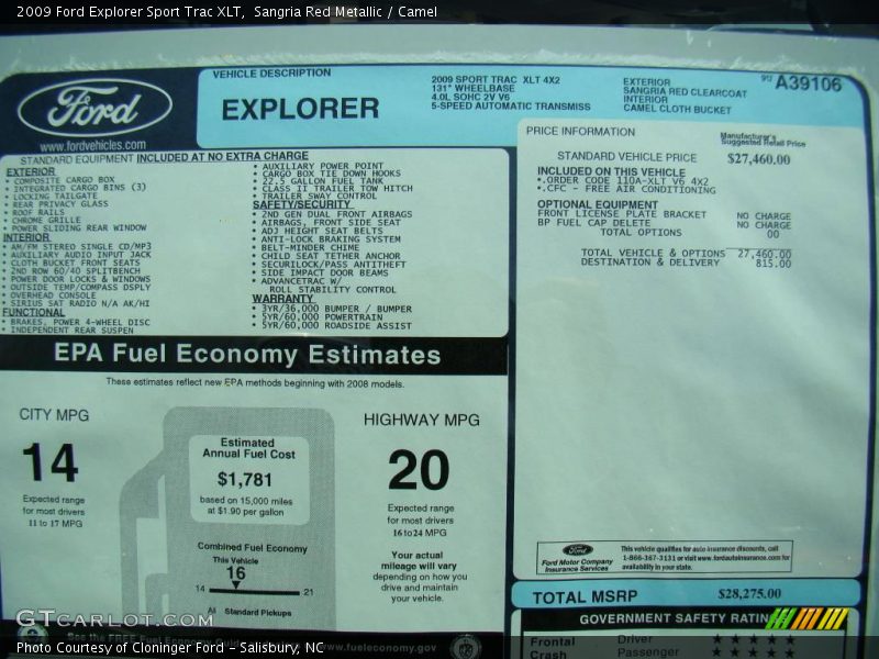 Sangria Red Metallic / Camel 2009 Ford Explorer Sport Trac XLT