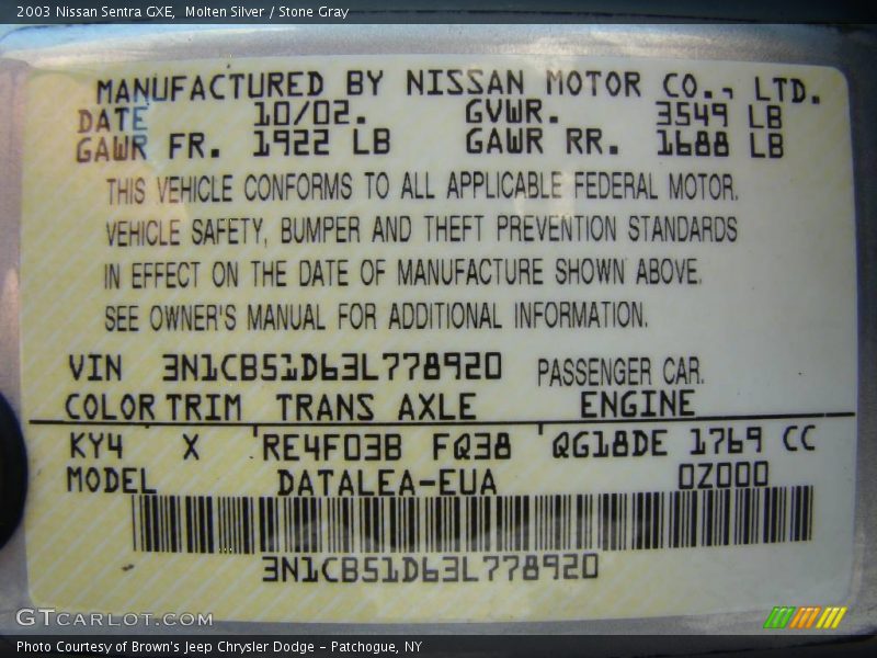 Molten Silver / Stone Gray 2003 Nissan Sentra GXE