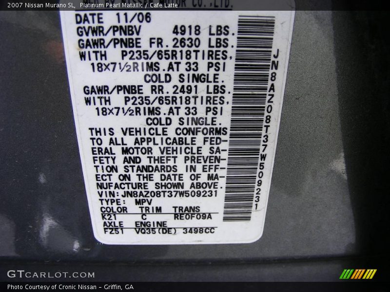 Platinum Pearl Matallic / Cafe Latte 2007 Nissan Murano SL