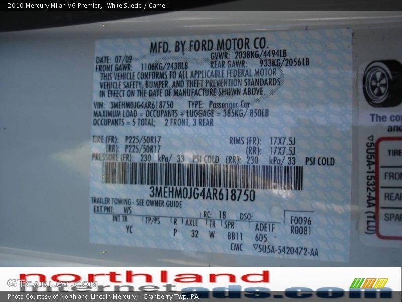 White Suede / Camel 2010 Mercury Milan V6 Premier