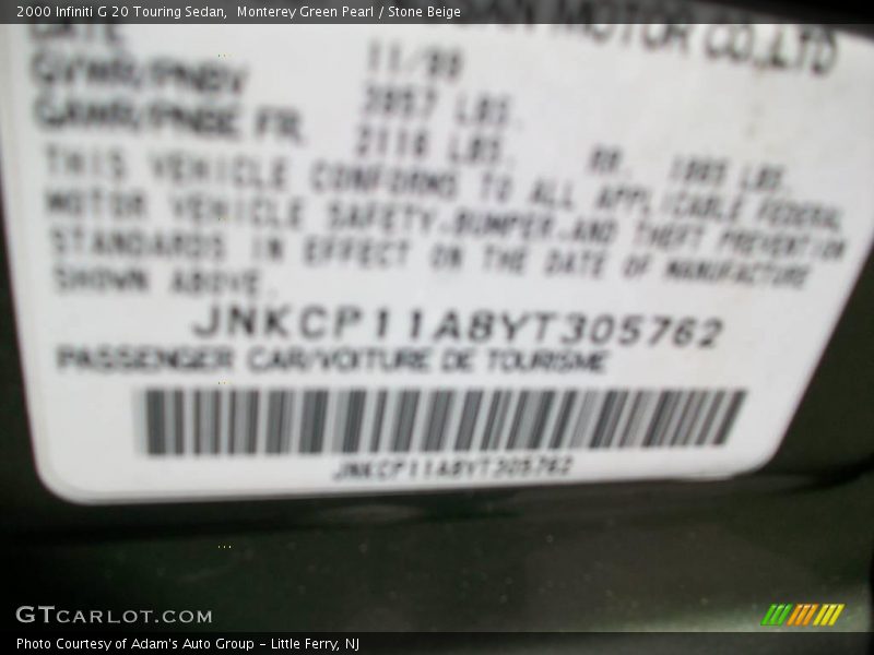 Monterey Green Pearl / Stone Beige 2000 Infiniti G 20 Touring Sedan