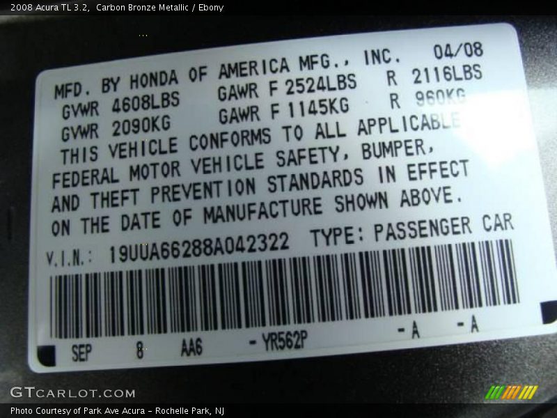 Carbon Bronze Metallic / Ebony 2008 Acura TL 3.2