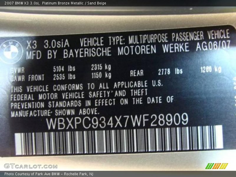 Platinum Bronze Metallic / Sand Beige 2007 BMW X3 3.0si