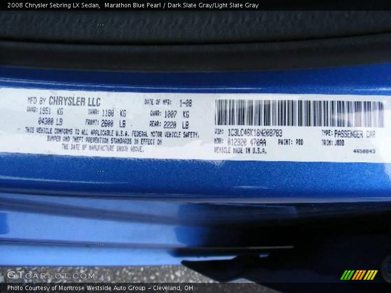 Marathon Blue Pearl / Dark Slate Gray/Light Slate Gray 2008 Chrysler Sebring LX Sedan