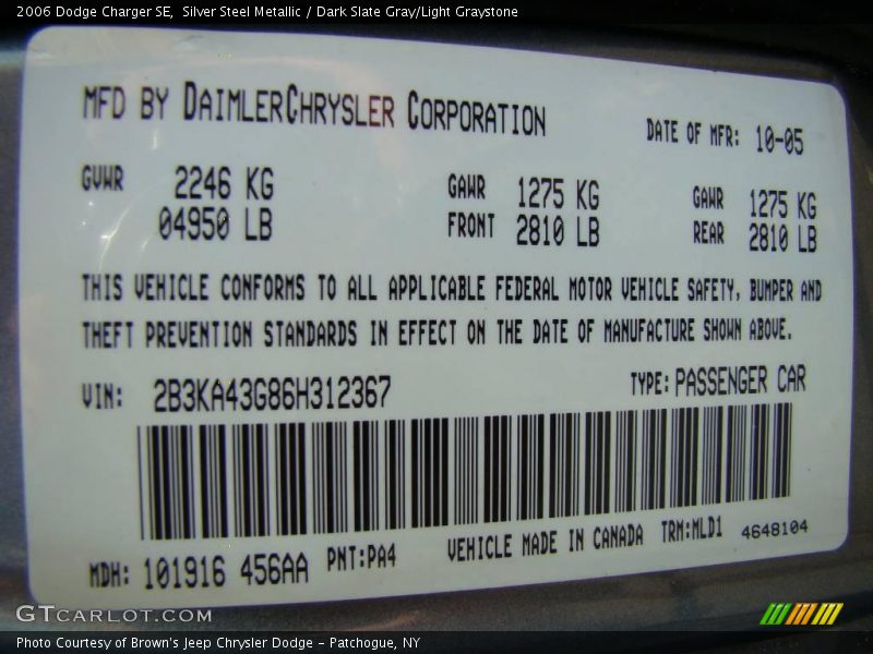 Silver Steel Metallic / Dark Slate Gray/Light Graystone 2006 Dodge Charger SE