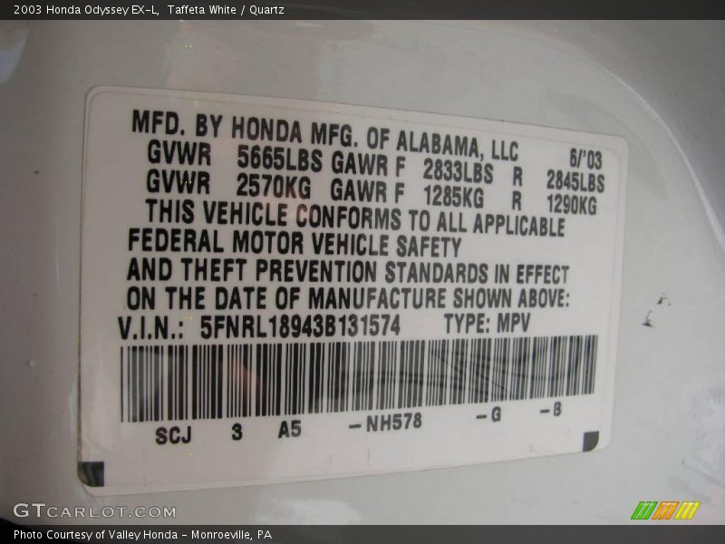 Taffeta White / Quartz 2003 Honda Odyssey EX-L